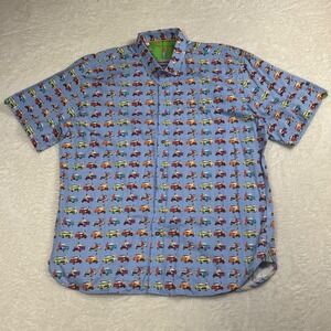 Luchiano Visconti Black Mens XL Pinup Girl Vintage Car Gingham Shirt Blue Cotton